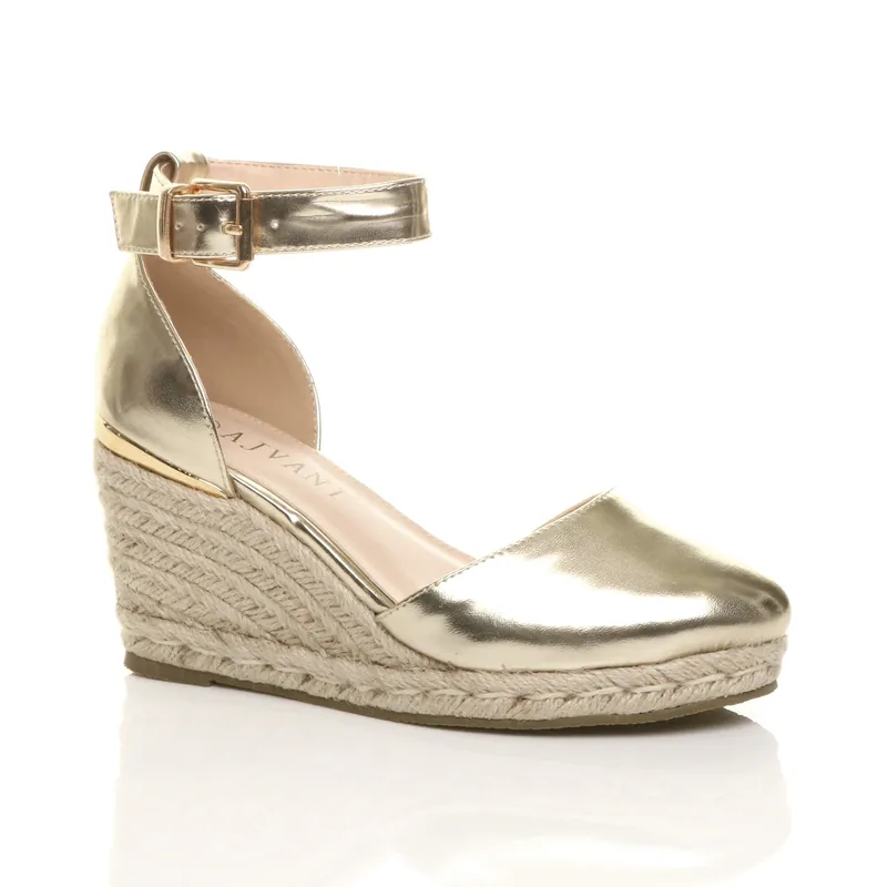 Mid Wedge Heel Ankle Strap Espadrille Sandals - AJVANI
