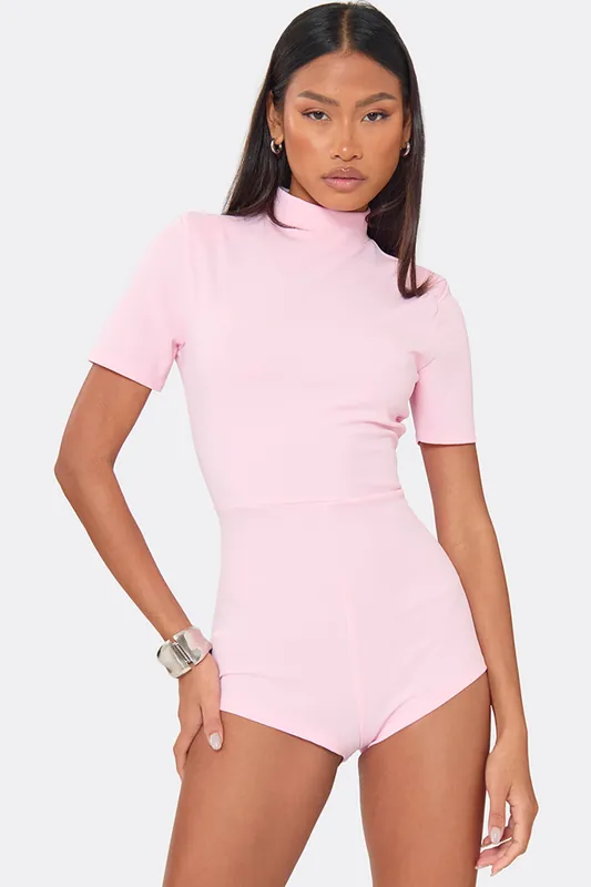 Short Sleeve High Neck Shoulder Pads Micro Playsuit - EGO