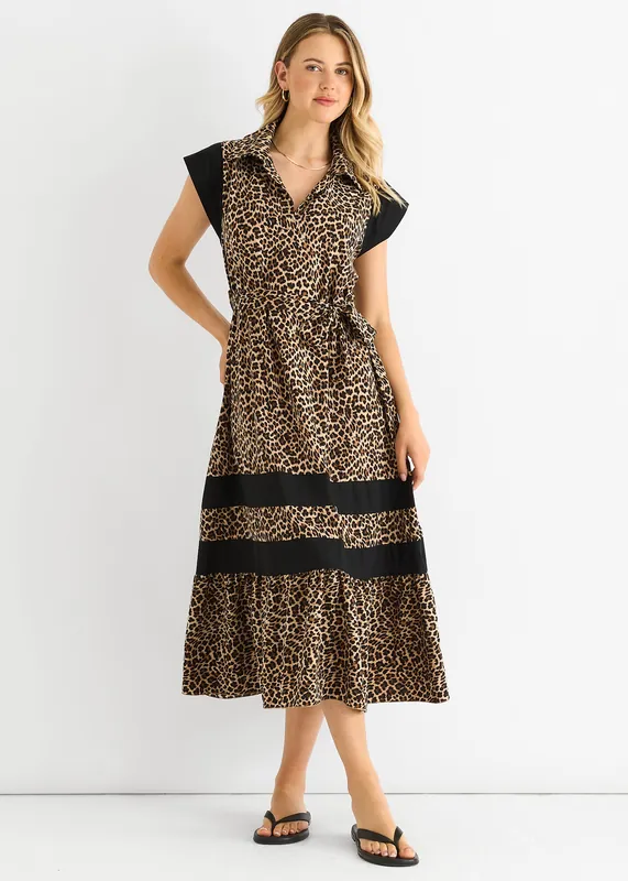 Brown Animal Contrast Panel Smock Midi Dress - Gini London