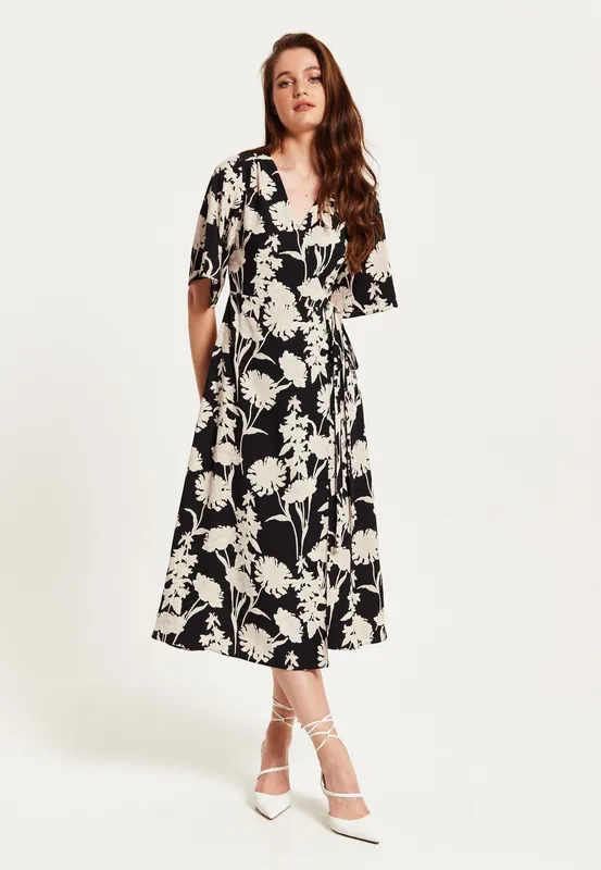 Floral Print Midi Wrap Dress With Kimono Sleeves - Liquorish