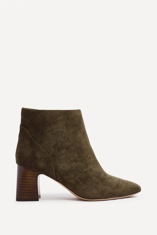 Cove Khaki Faux Suede Soft Square Toe Block Heel Ankle Boot - Linzi