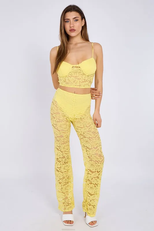 Lace Detail Padded Bralet Crop Top and Flare Trouser Co-ord