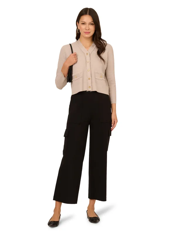 Knit Frayed Waffle Crop Cardigan Sweater With Gold Buttons - Adrianna Papell