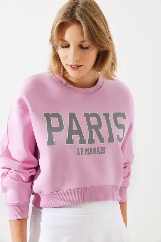Cropped Crew Neck Cotton Sweatshirt with Front Text Print - Bianco Lucci