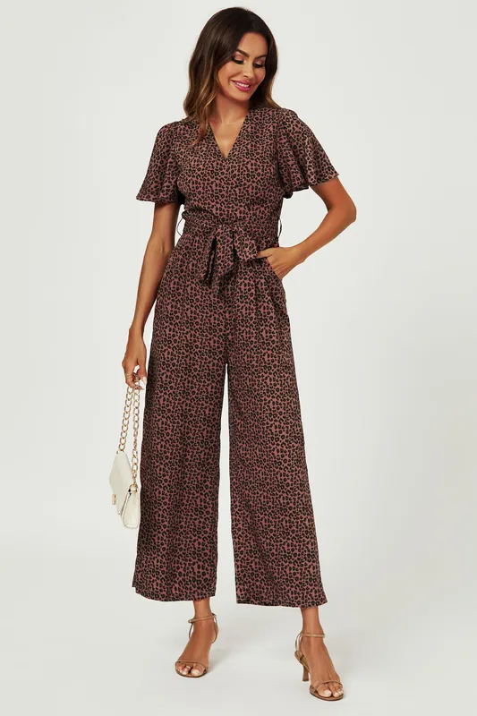Leopard Print Wrap Top Jumpsuit In Rusty - FS Collection