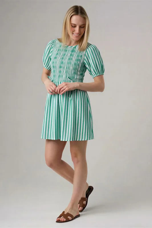 Cotton Striped Shirred Puff Sleeve Mini Dress - Wednesday's Girl