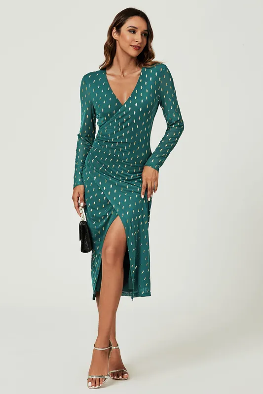 Foil Mesh Long Sleeve Midi Dress In Green - FS Collection