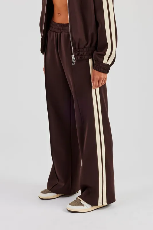 Wide Leg Track Pant With Butter Yellow Taping - Chocolate