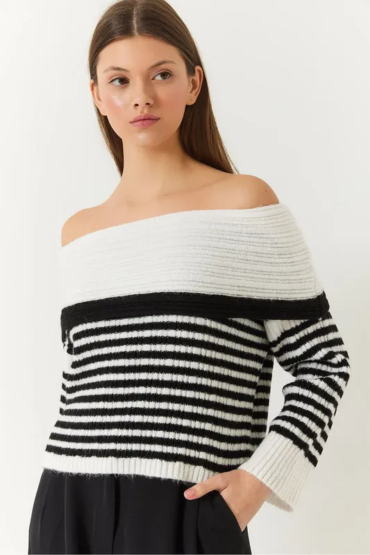 Striped Strapless Knit Sweater - Bianco Lucci