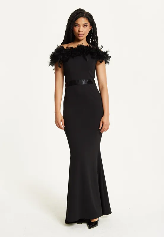 Black Feather Bardot Maxi Dress - Liquorish