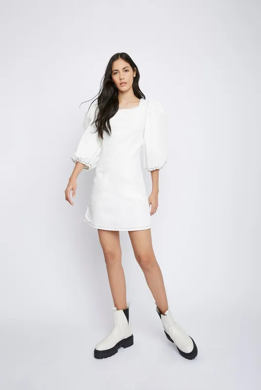 Off White Puff-Sleeve-Contrast-Stitch Mini-Dress