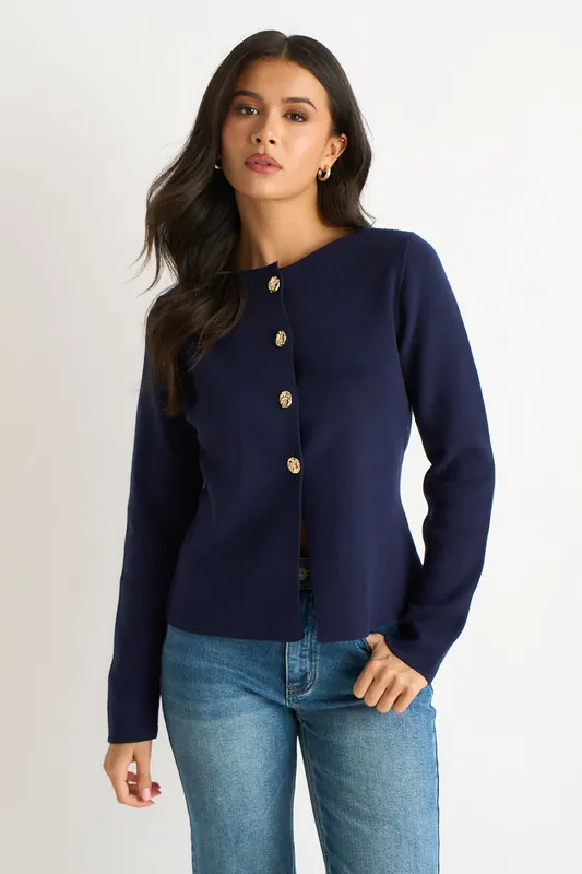 Navy Button Front Compact Knit Cardigan - Gini London