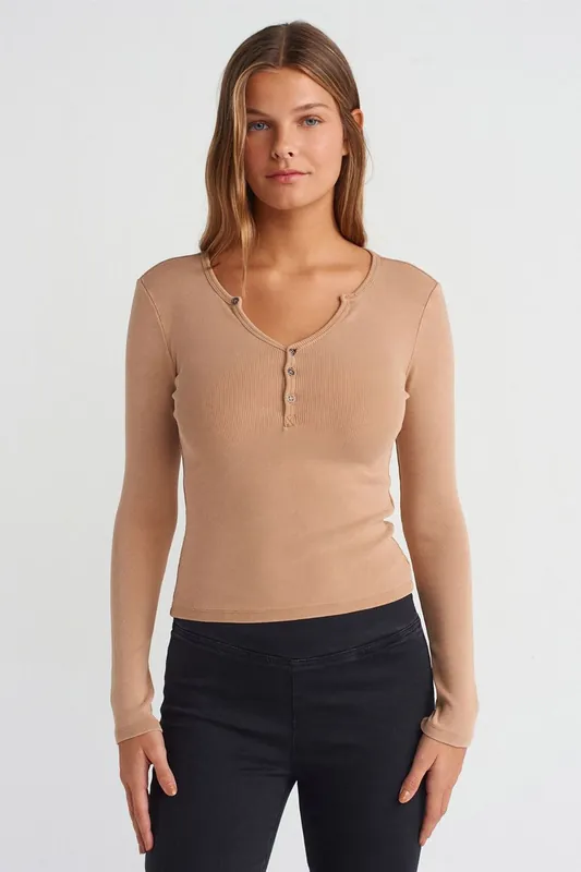 Slim Fit Cotton Jersey Button Blouse - Dilvin