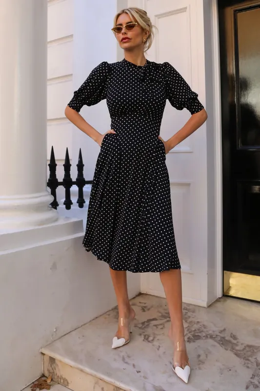 Tie Neck Puffy Sleeve Jersey Midi Dress - Jolie Moi
