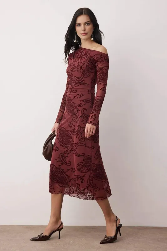 Flocked Tulle Bodycon Midi Dress with Dropped Shoulder Detail - WOVCOR