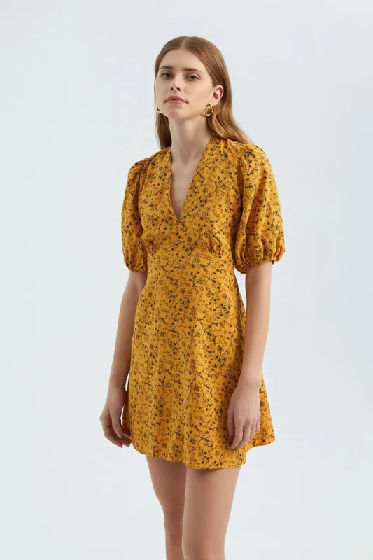 V Neck Puff Sleeves Mini Dress - Hiccup