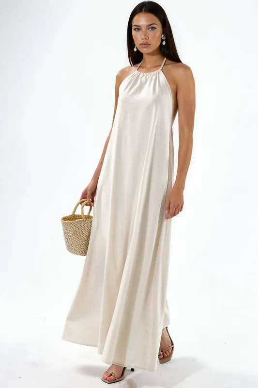 Linen Blend Halter Neck Maxi Dress - Hiccup