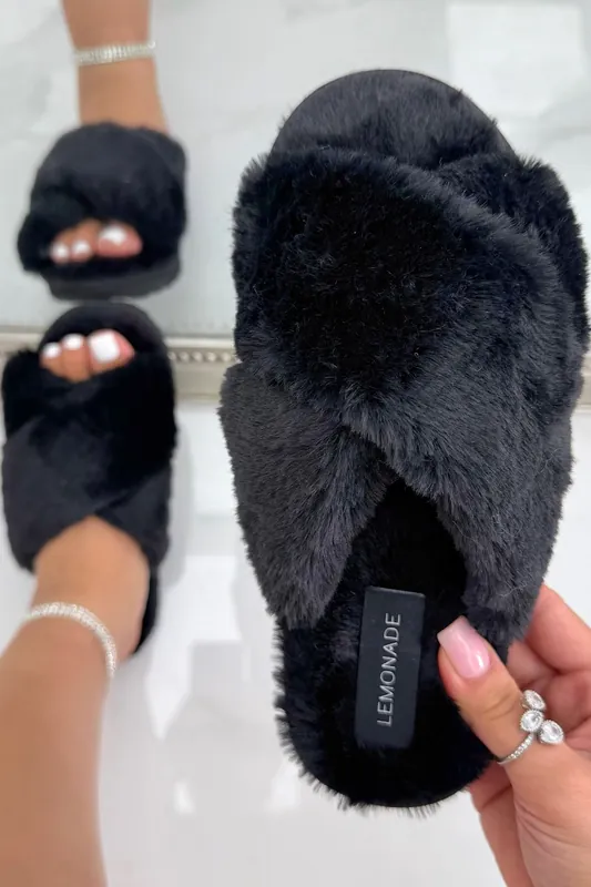 Midnight Luxe Crossband Faux Fur Slippers - Love Lemonade
