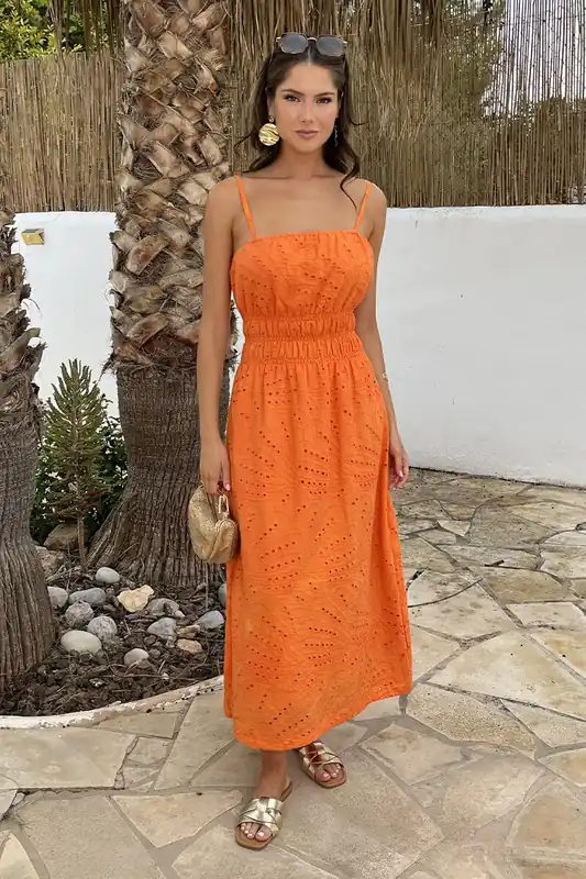 Orange Broderie Strappy Shirred Waist Midi Dress - AX Paris