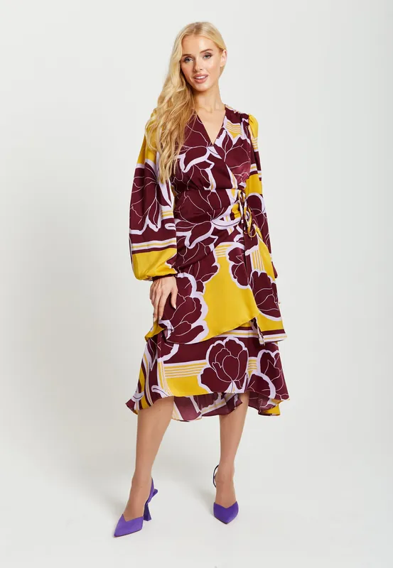 Geometric Floral Print Midi Wrap Dress In Mustard And Burgundy - Liquorish