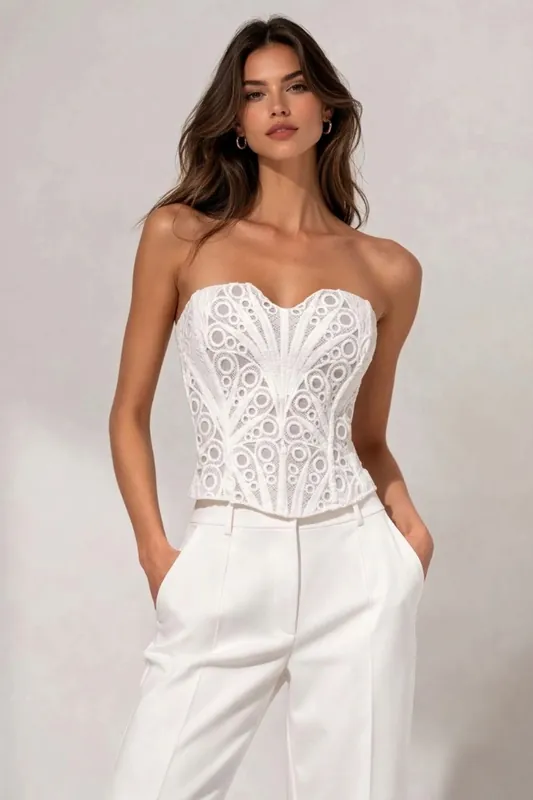 Lace Eyelet Sweetheart Neckline Bustier Corset Top - STYLEWISE