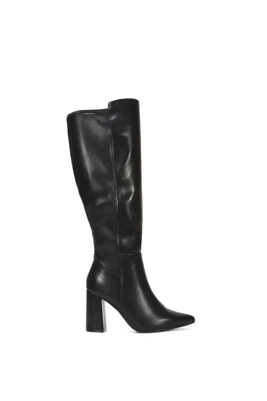 Wisteria' Wide Calf Stretchy Block High Heel Knee Boots - XY London