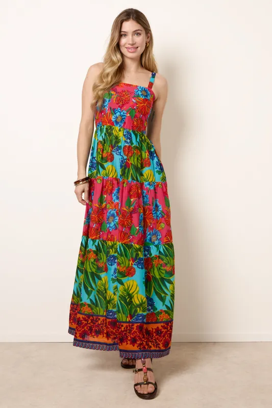 Multi Tropical Beaded Detailed Tiered Maxi Dress - Blue Vanilla