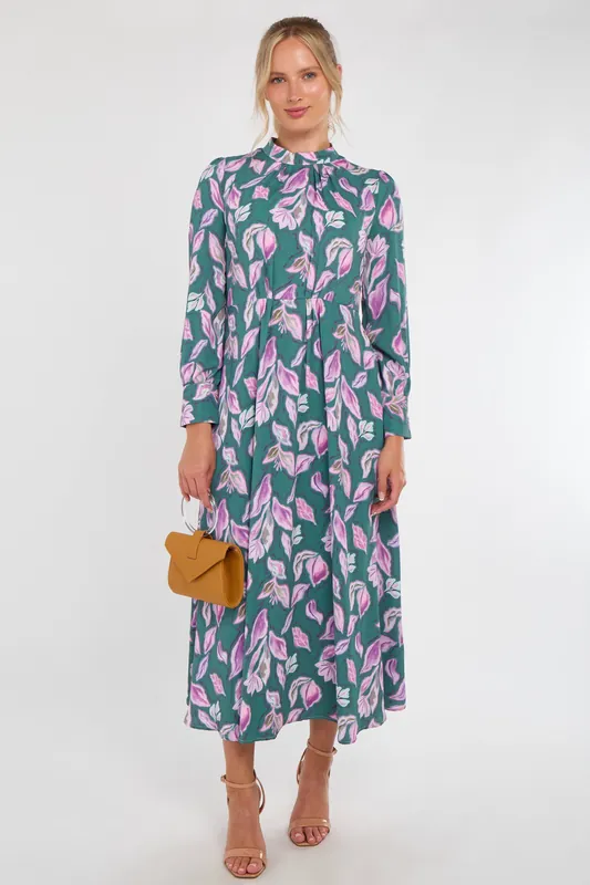 Teal and Lilac Leaf Print Pleated Skirt Maxi Dress - Love Sunshine