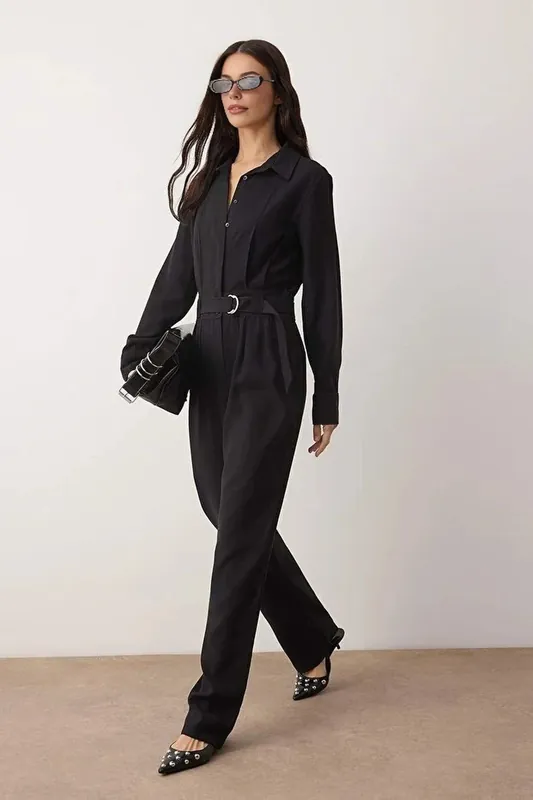 Belted Collared Long Sleeve Straight Leg Jumpsuit - WOVCOR