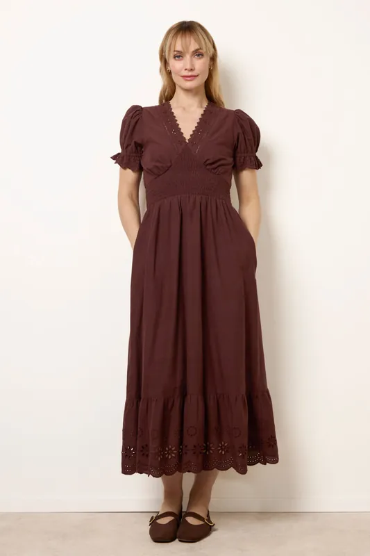 Brown Embroidery Detail V-Neck Maxi Dress