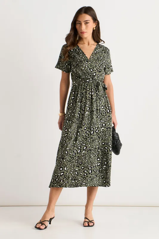 Khaki Short Sleeve Animal Print Wrap Front Midi Dress - Gini London