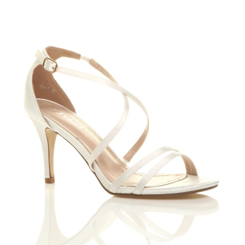 Mid Heel Crossed Straps Wedding Bridal Sandals - AJVANI