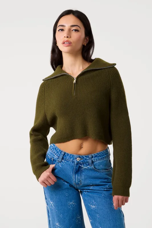 Khaki Half Zip Knitted Jumper - Pink Vanilla