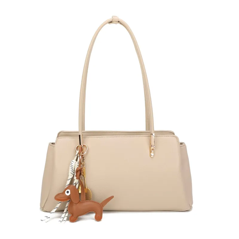 Large Dual Handle Sleek Shoulder Tote Bag with Dog Charm - Kitise