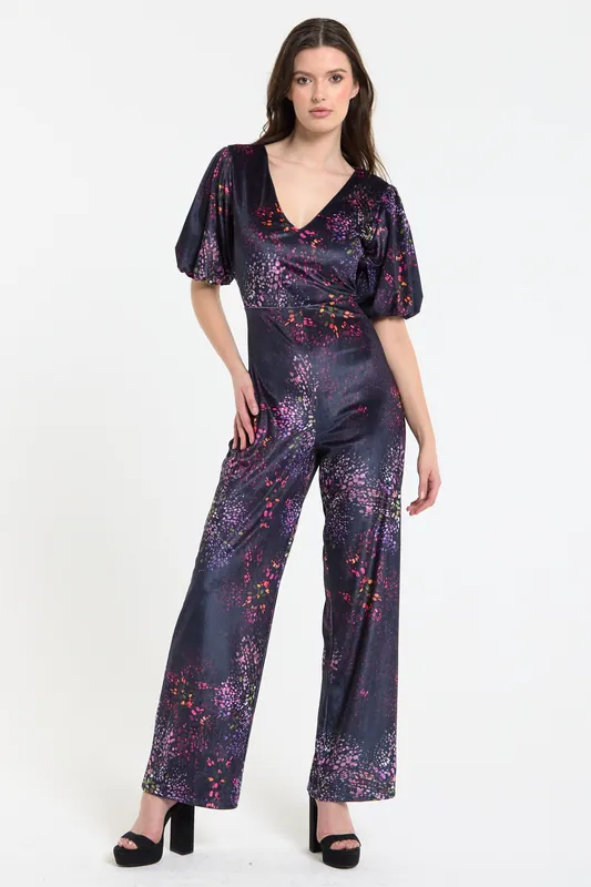 Floral Printed Velvet Wide Leg Jumpsuit - Liquorish