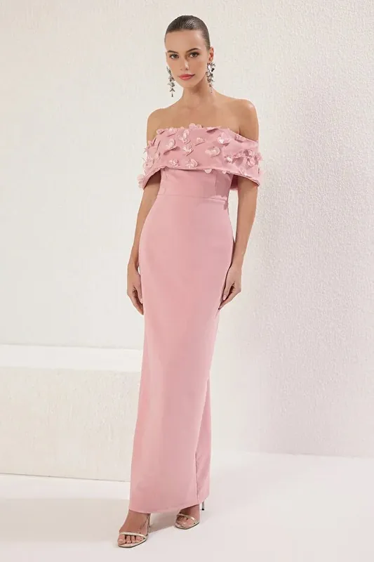 Off Shoulder Floral Applique Maxi Evening Dress - WOVCOR