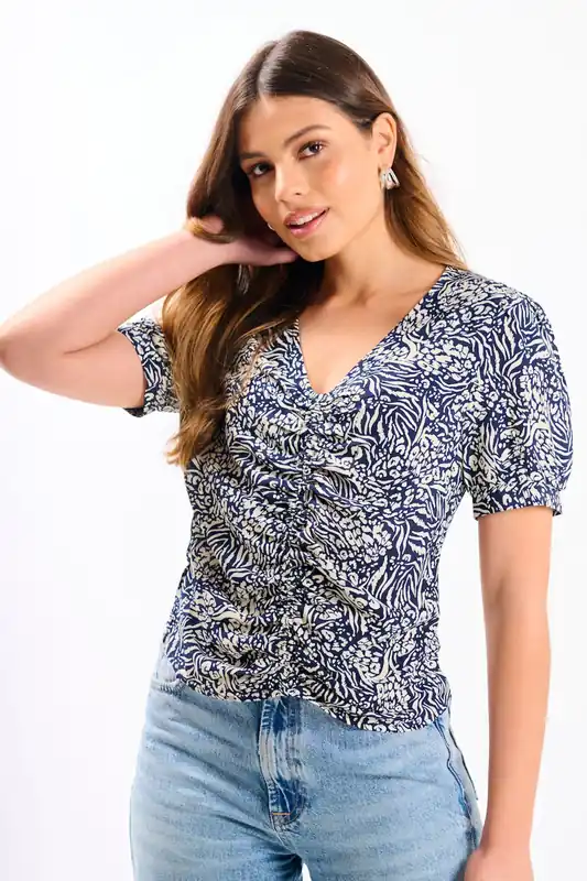 Navy Animal Printed Ruched Top - Needs No Label