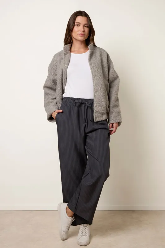 Grey Elasticated Waist Pinstripe Trousers - Blue Vanilla
