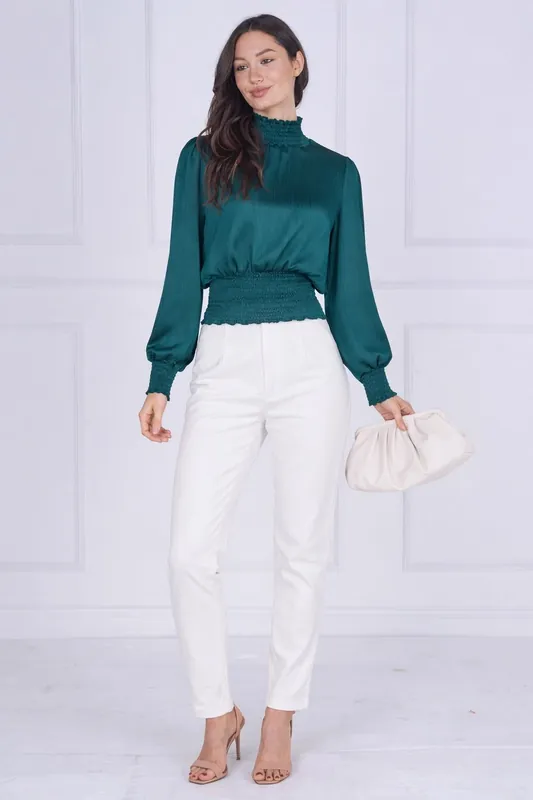 Emerald Creased Satin Shirred Waist Top - Love Sunshine