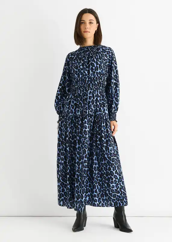Blue Animal Print Shirred High Neck Maxi Dress - Gini London