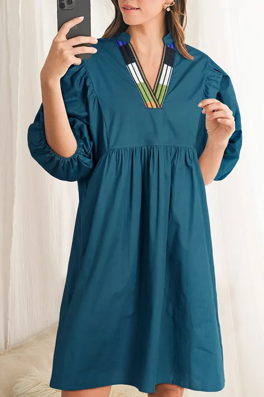 Blue Sapphire Colorblock Split V Neck Puff Sleeve Mini Dress - Everyday The Label