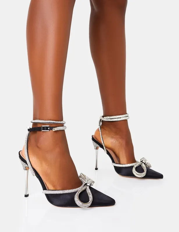 Midnight Wide Fit Black Wrap Around Diamante Bow Pointed Toe High Heel - Public Desire