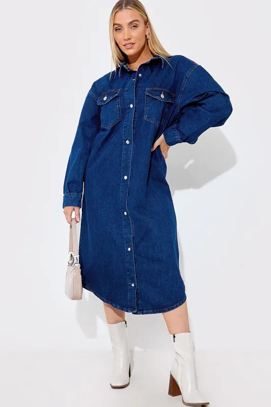 Blue Denim Midi Shirt Dress - In The Style