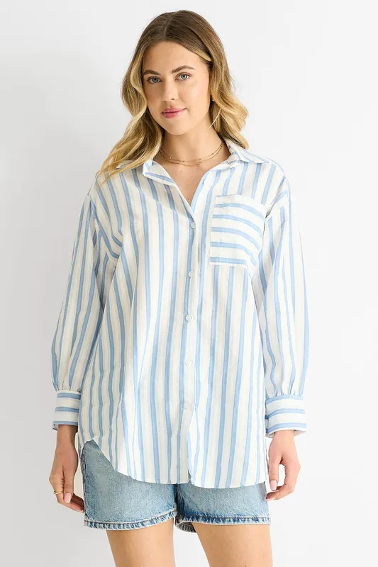 Blue Stripe Cotton Oversized Shirt - Gini London