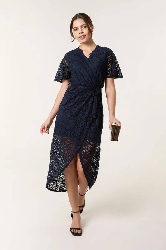 Navy Lace Wrap Over Midi Dress - Blue Vanilla