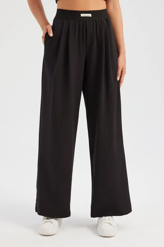 Woven High Waist Pleated Elastic Waist Wide Leg Trousers - Hiccup
