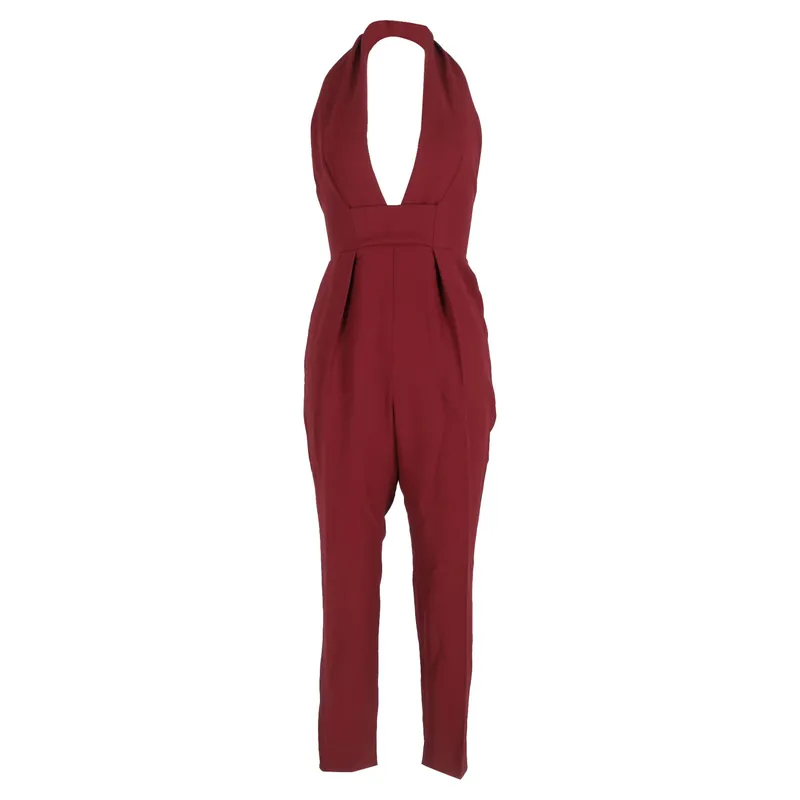 Preloved Plunging Halter Neck Jumpsuit in Burgundy Silk - Gucci