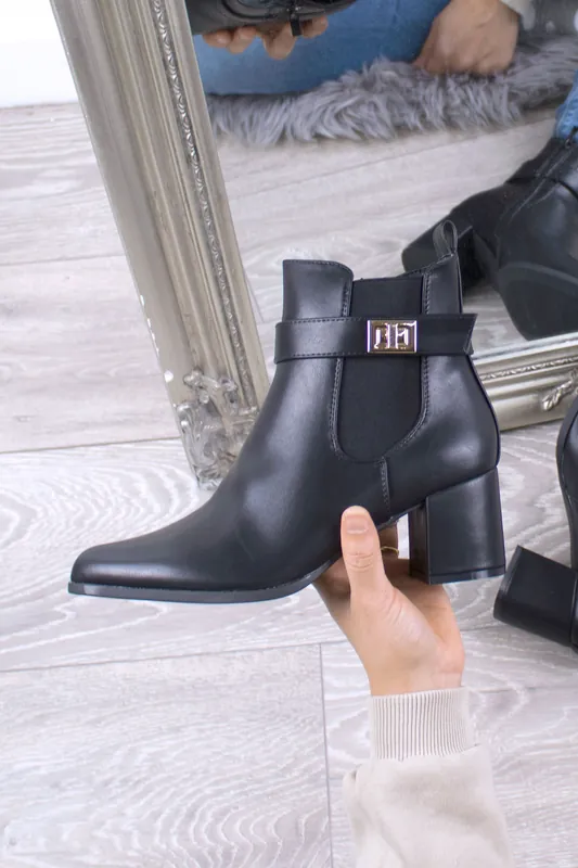Mid Block Heel Smart Pointed Toe Ankle Boots - AJVANI