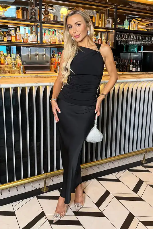 Black Satin Midi Skirt - AX Paris