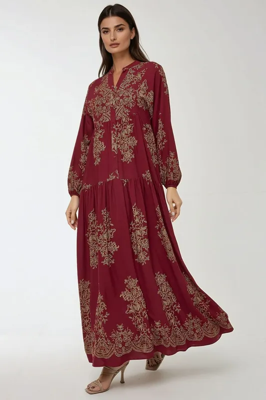 Printed Long Sleeve Viscose Maxi Dress - Hiccup